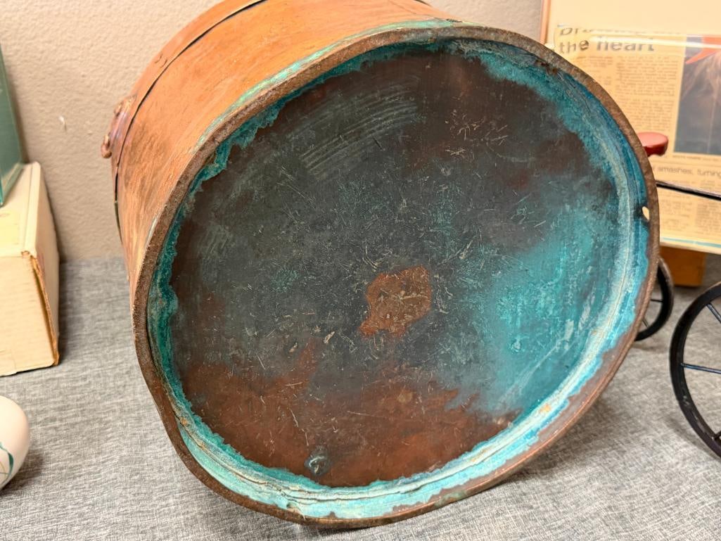 VINTAGE 50L COPPER DAIRY / MILK CAN WITH CHAINED COPPER TOP, MARKED - 9