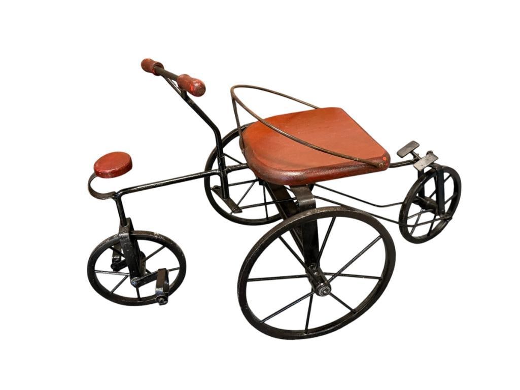 20TH CENTURY LAUREL AND HARDY FOLK ART VINTAGE DOLL TRICYCLE METAL FRAME, WHEELS AND WOODEN SEATS: 20" L