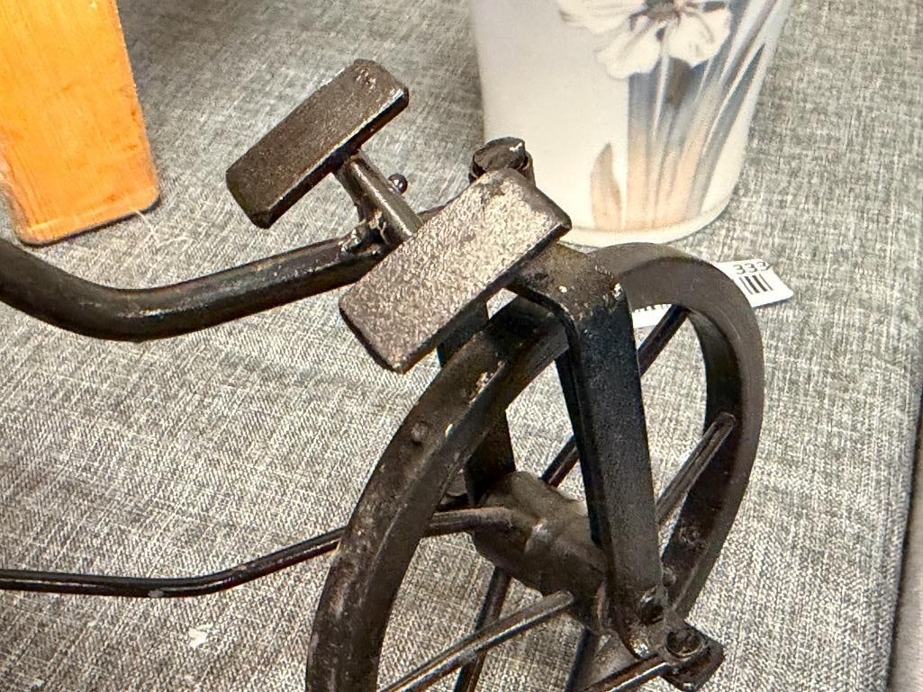 20TH CENTURY LAUREL AND HARDY FOLK ART VINTAGE DOLL TRICYCLE METAL FRAME, WHEELS AND WOODEN SEATS - 6