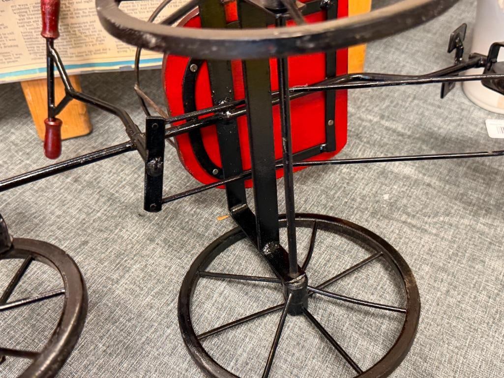 20TH CENTURY LAUREL AND HARDY FOLK ART VINTAGE DOLL TRICYCLE METAL FRAME, WHEELS AND WOODEN SEATS - 7