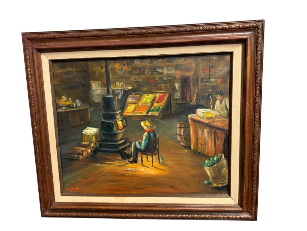 DOROTHY SPANGLER NORTHERN CALIFORNIA ARTIST ORIGINAL OIL ON CANVAS PAINTING COUNTRY STORE: DOROTHY SPANGLER (B. 1928) WAS BORN IN ST. LOUIS MISSOURI, BUT LIVED ALMOST HER ENTIRE LIFE IN NORTHERN CALIFORNIA, ART DEPICTS MAN IN COUNTRY STORE SITTING NEAR WOOD BURNING STOVE, SIGNED LOWER LEFT,
