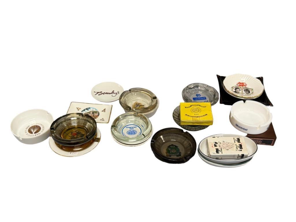 GLASS AND CERAMIC ASH TRAYS TRAVEL LODGE, CHANNEL INN, MONACO, THE VELVET TURTLE, HOTEL MARITIME: 21 ASHTRAYS TOTAL 4" UP TO 5" ASH TRAYS