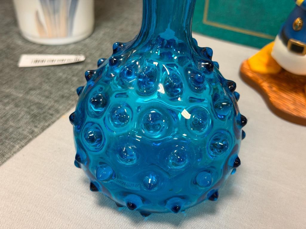 MID-CENTURY HAND BLOWN ART GLASS AQUA BLUE HOBNAIL VASE - 2