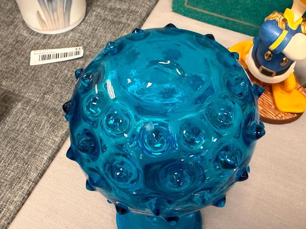 MID-CENTURY HAND BLOWN ART GLASS AQUA BLUE HOBNAIL VASE - 5