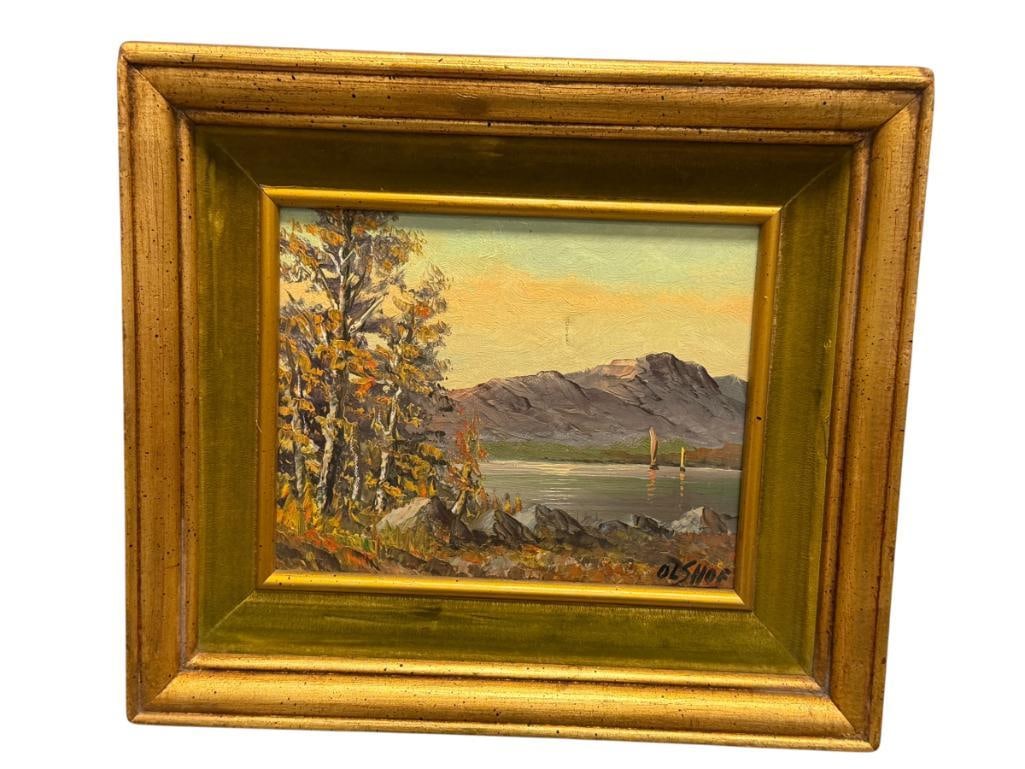 P. OLSHOF BELGIUM BORN ARTIST ORIGINAL OIL ON CANVAS PAINTING EUROPEAN LANDSCAPE: P. OLSHOF (B. 1936) IS A BELGIUM ARTIST KNOWN FOR HIS EUROPEAN LANDSCAPES, SIGNED LOWER RIGHT, FRAMED 15 1/2" X 13 1/2" FRAME