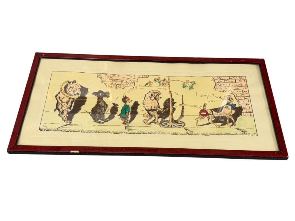 HARRY'S GIFT SHOP DOG CARICATURE PRINT FROM SOUVENIR STORE IN KAISERSLAUTERN GERMANY: HARRY'S GIFT SHOP WAS A STORE FOR AMERICAN MILITARY PERSONNEL FOR SELLING TRADITIONAL GERMAN ITEMS, FRAMED 20 1/2" X 9 /2" FRAME