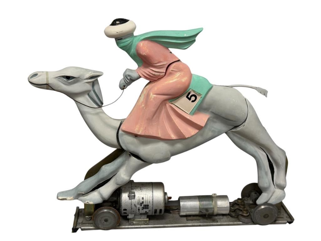VINTAGE CAMEL RACER AND RIDER CARNIVAL / MIDWAY GAME FIGURE: MOTOR MADE IN ENGLAND, SOME PAINT WEAR AND FADING 21" H