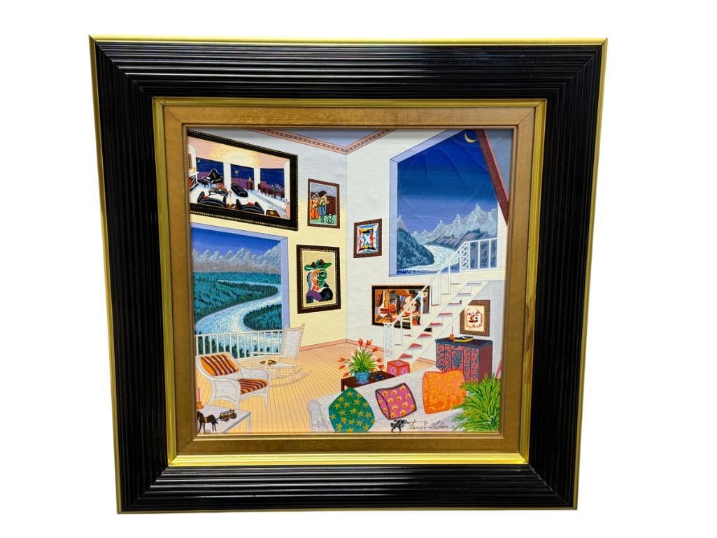 FANCH LEDAN FRENCH ARTIST SERIGRAPH ON LINEN TITLED PICASSO IN ASPEN NO. 61/150: FANCH LEDAN (B. 1949) 20TH CENTURY FRENCH ARTIST, ART DEPICTS VIBRANT MODERN INTERIOR WITH ART ON THE WALLS AND MOUNTAIN LANDSCAPE SCENE, SIGNED LOWER RIGHT, SOME CRAZING TOP RIGHT CORNER, FRAMED 18" 