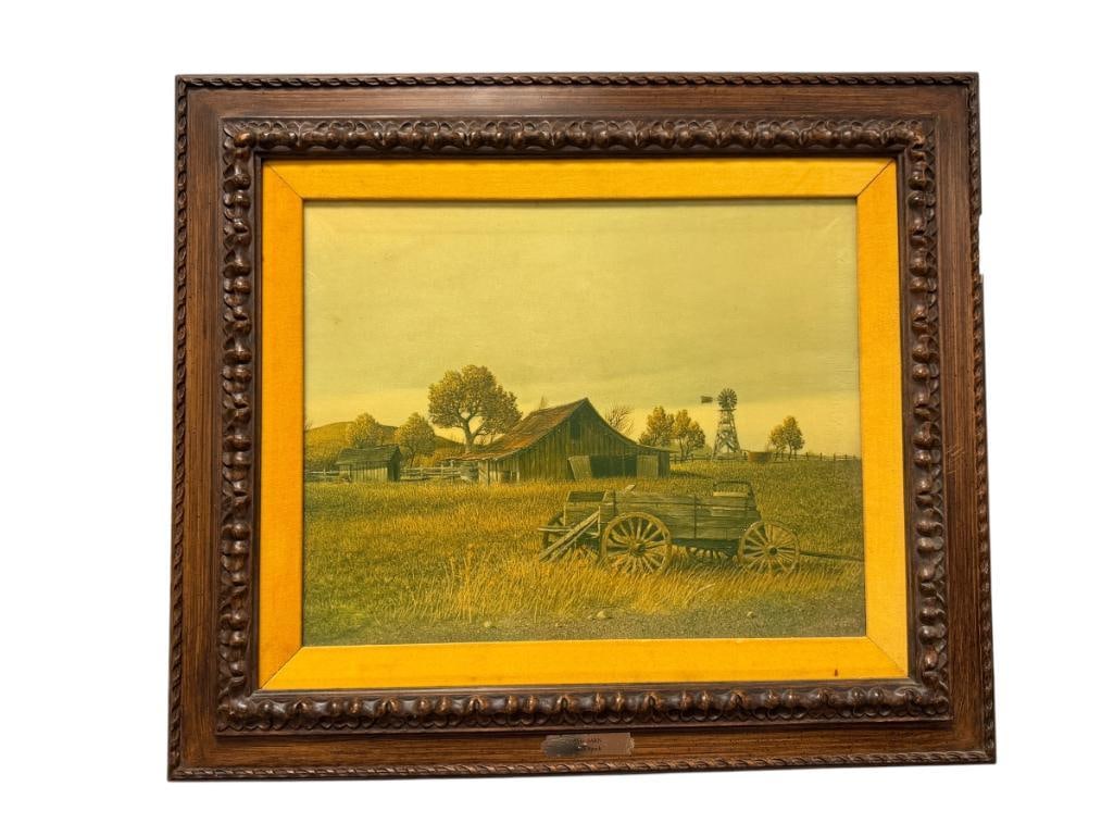 GENE SPECK NORTH DAKOTA BORN, NEVADA ARTIST TEXTURED PRINT ON BOARD TITLED THE BARN: ART DEPICTS OLD BARN WITH ANTIQUE WAGON IN FOREGROUND, FRAMED DAMAGED RIGHT EDGE 27" X 23" FRAME