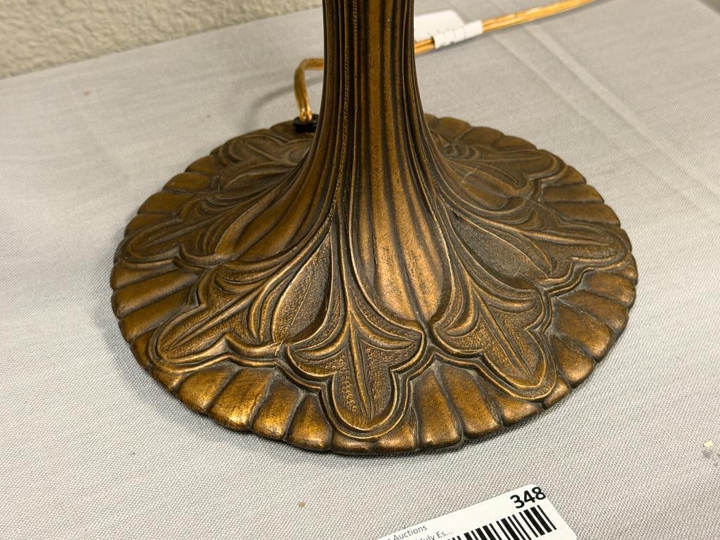 TIFFANY STYLE STAINED GLASS TABLE LAMP WITH PIERCED METAL OVERLAY CAST BRONZE TONED BASE - 10