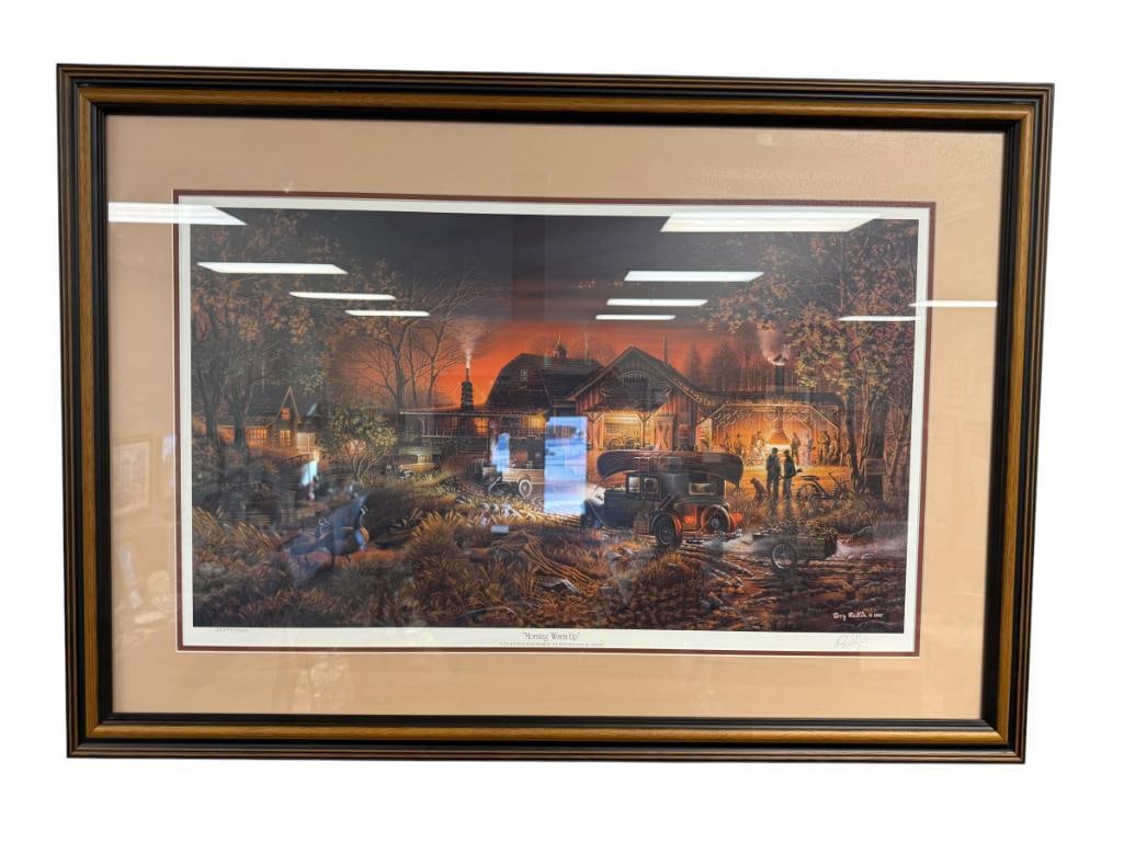TERRY REDLIN AMERICAN ILLIUSTRATOR LIMITED EDITION PRINT TITLED MORNING WARM UP 3194/5000: CONSERVATION EDITION PRINT, SIGNED LOWER RIGHT, CERTIFICATE ON THE BACK, FRAMED 39" X 27" FRAME
