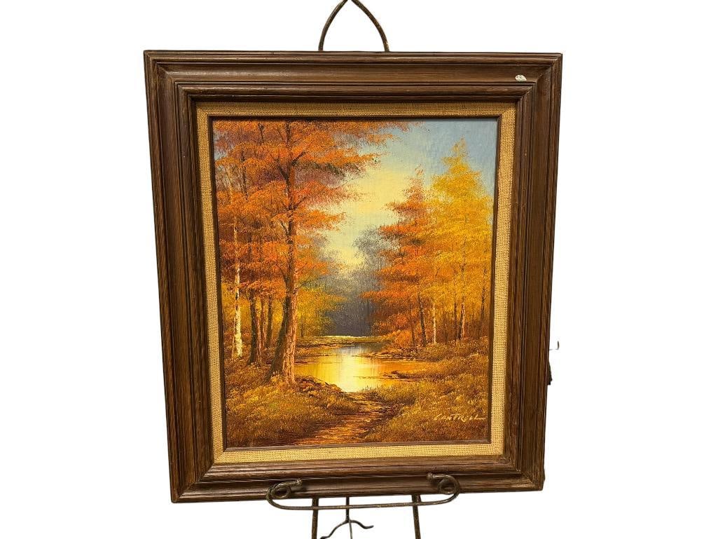 PHILLIP CANTRELL MICHIGAN ARTIST ORIGINAL OIL ON CANVAS PAINTING LANDSCAPE: PHILLIP CANTRELL (B. 1922) IS AN AMERICAN 20TH CENTURY ARTIST KNOWN FOR HIS LANDSCAPES, SIGNED LOWER RIGHT, FRAMED 28" X 32" FRAME