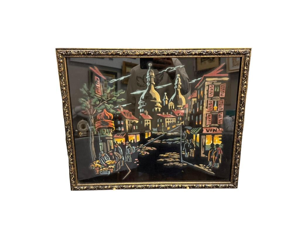 1950'S MID-CENTURY ORIGINAL PAINTINGS ON VELVET: EUROPEAN STREET SCENE PAINTINGS WITH BUILDING AND PEOPLE, FRAMED 21 1/2" X 17 1/2" FRAME