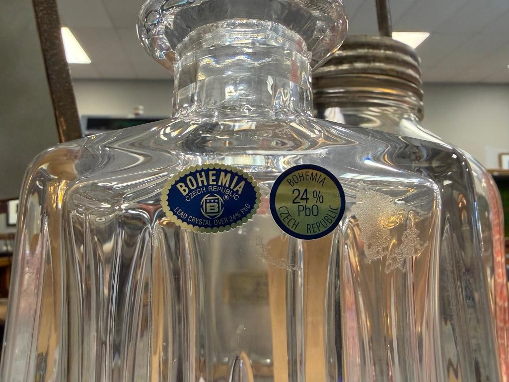 GLASS AND TWO CRYSTAL DECANTERS WITH STOPPERS - 11