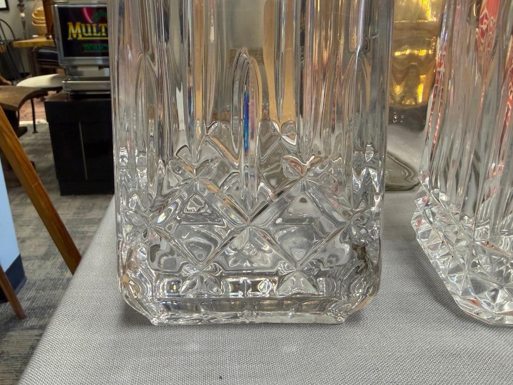 GLASS AND TWO CRYSTAL DECANTERS WITH STOPPERS - 12