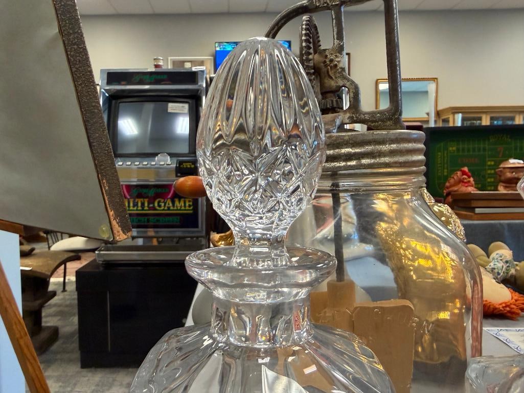 GLASS AND TWO CRYSTAL DECANTERS WITH STOPPERS - 13