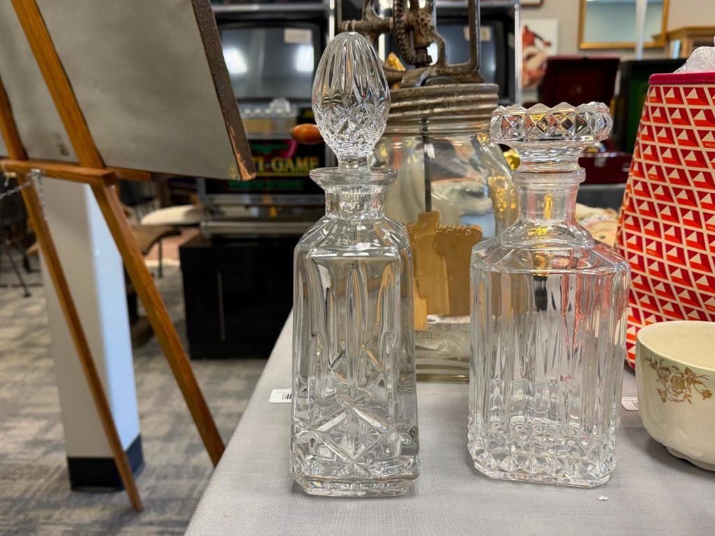 GLASS AND TWO CRYSTAL DECANTERS WITH STOPPERS - 14