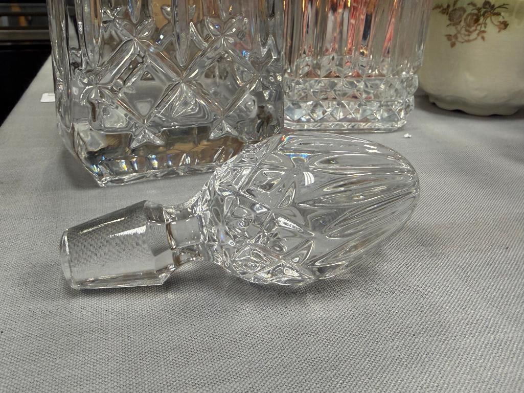 GLASS AND TWO CRYSTAL DECANTERS WITH STOPPERS - 15