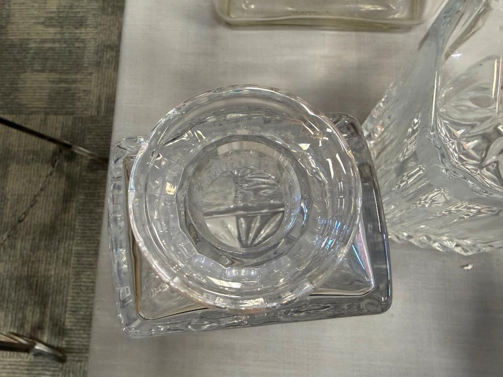 GLASS AND TWO CRYSTAL DECANTERS WITH STOPPERS - 16