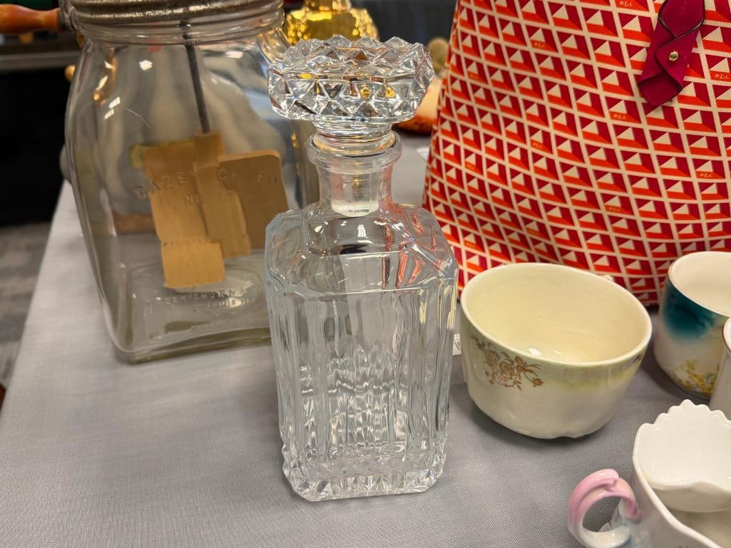 GLASS AND TWO CRYSTAL DECANTERS WITH STOPPERS - 17