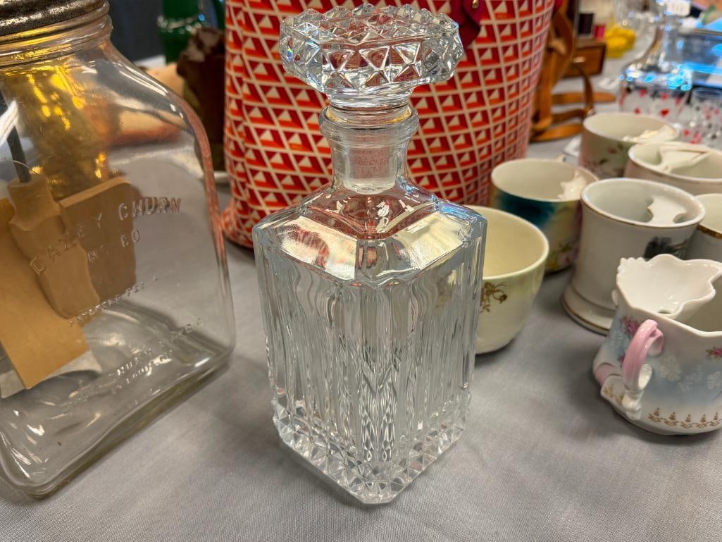 GLASS AND TWO CRYSTAL DECANTERS WITH STOPPERS - 19