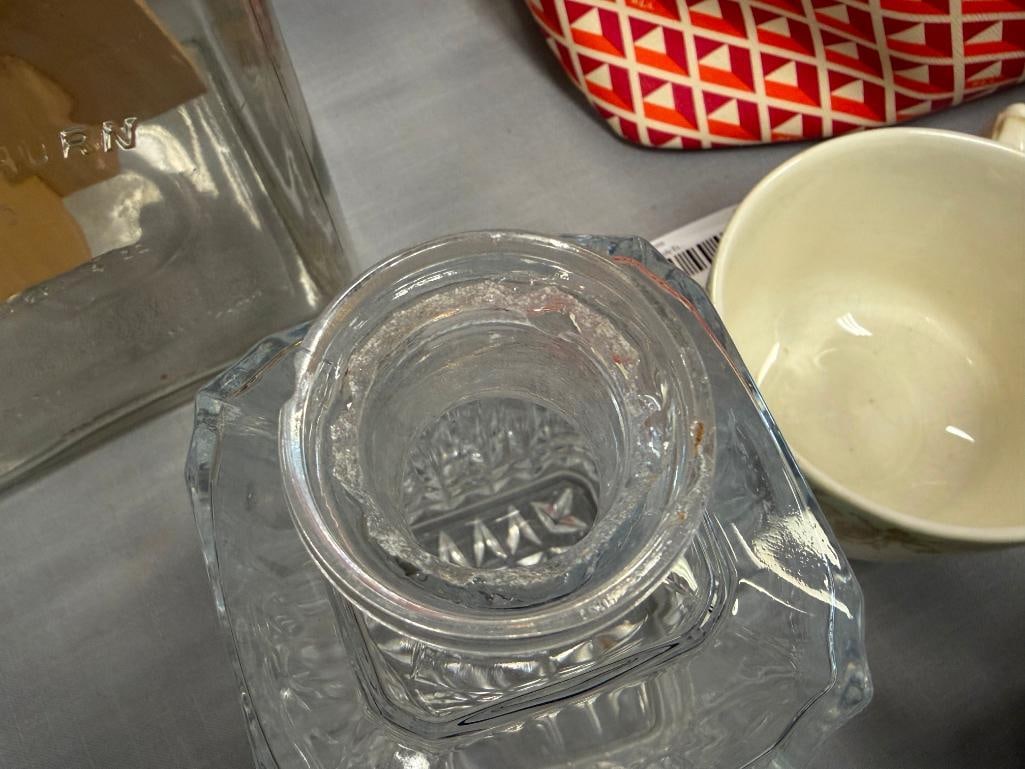 GLASS AND TWO CRYSTAL DECANTERS WITH STOPPERS - 20