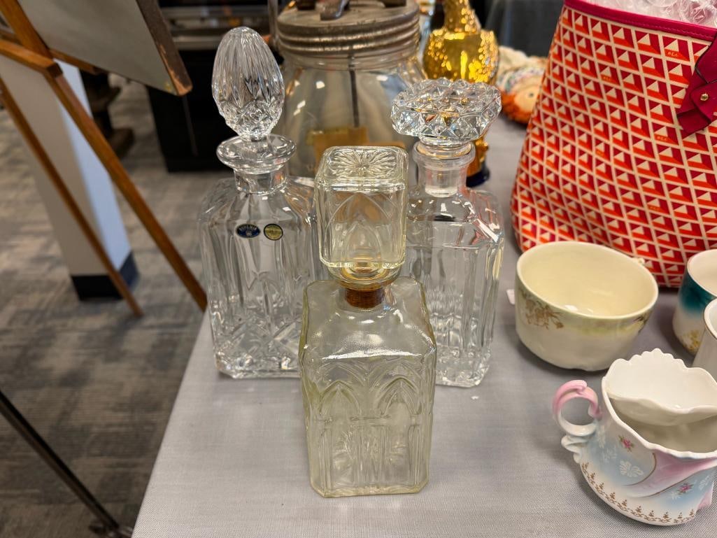 GLASS AND TWO CRYSTAL DECANTERS WITH STOPPERS - 2