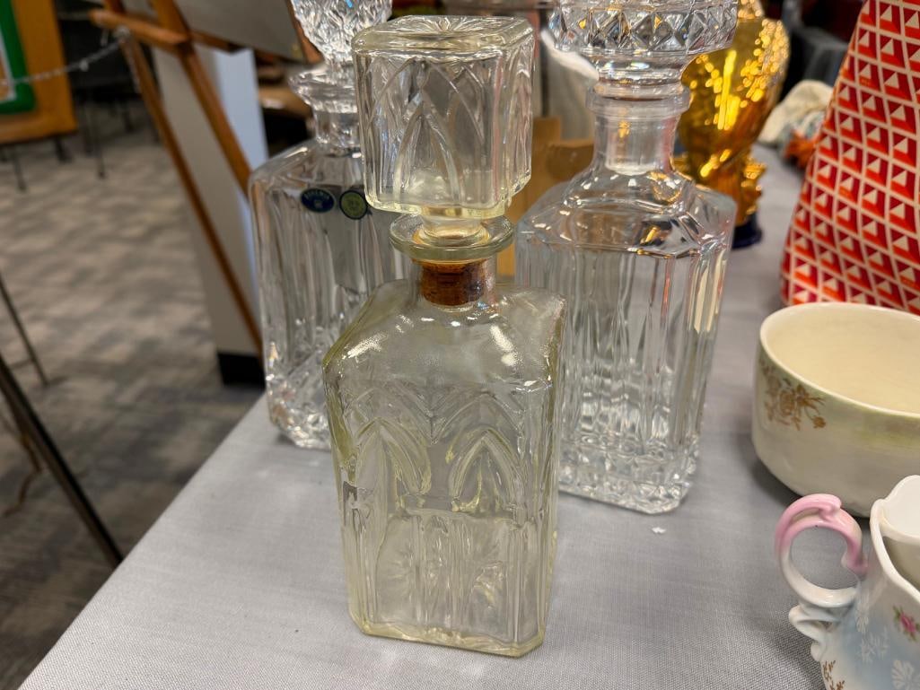 GLASS AND TWO CRYSTAL DECANTERS WITH STOPPERS - 3