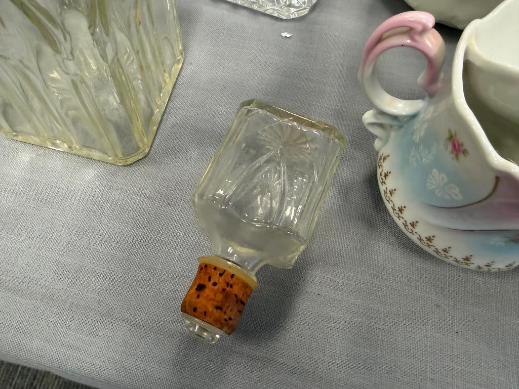 GLASS AND TWO CRYSTAL DECANTERS WITH STOPPERS - 6