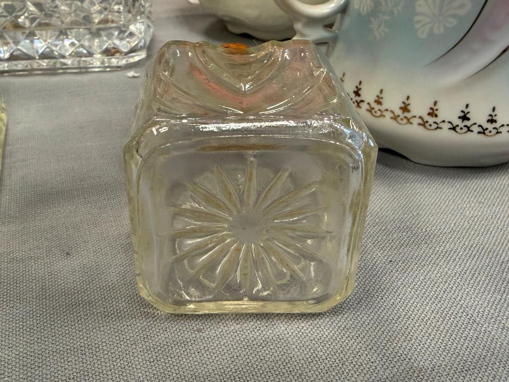 GLASS AND TWO CRYSTAL DECANTERS WITH STOPPERS - 8