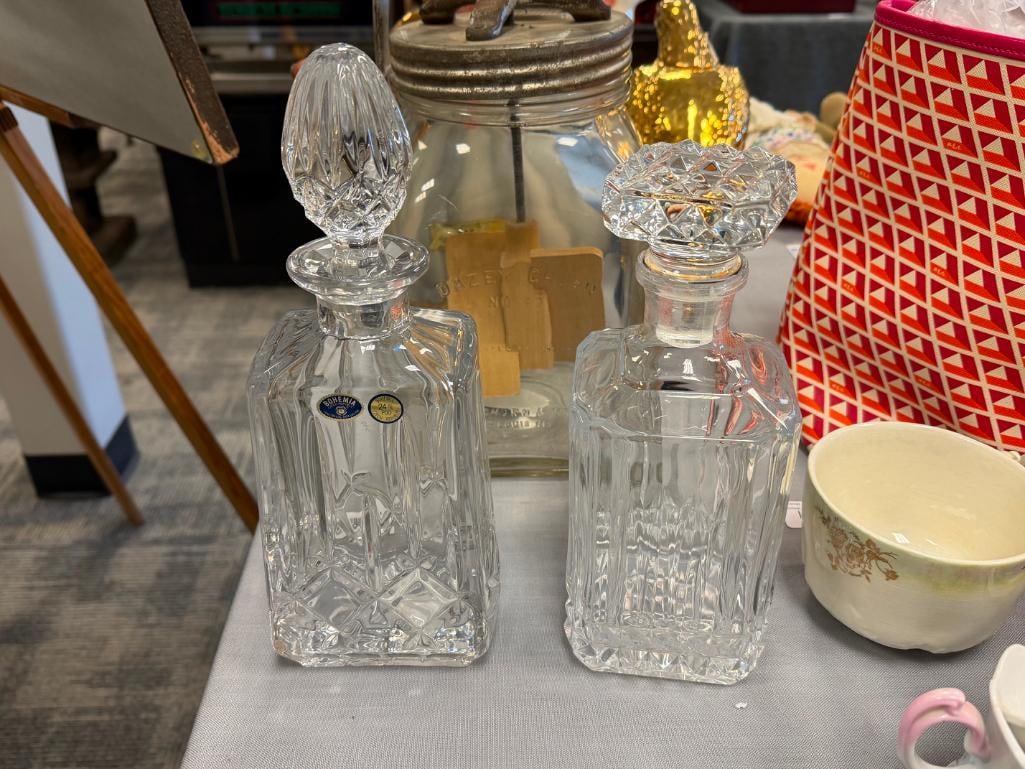 GLASS AND TWO CRYSTAL DECANTERS WITH STOPPERS - 9