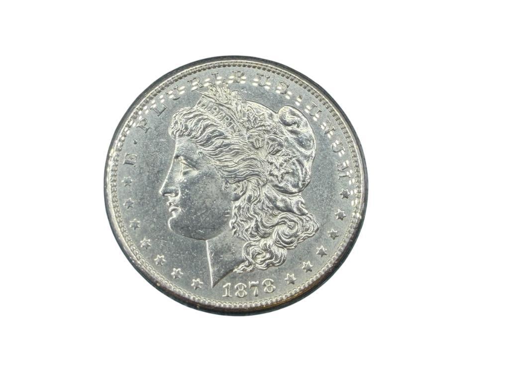 1878-S U.S. MORGAN SILVER DOLLAR BU: COATED IN PLASTIC, 90% SILVER