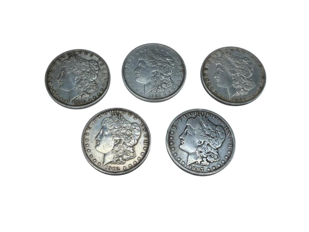 FIVE U.S. MORGAN SILVER DOLLARS FEATURING VARIOUS DATES AND MINT MARKS (1 of 13)