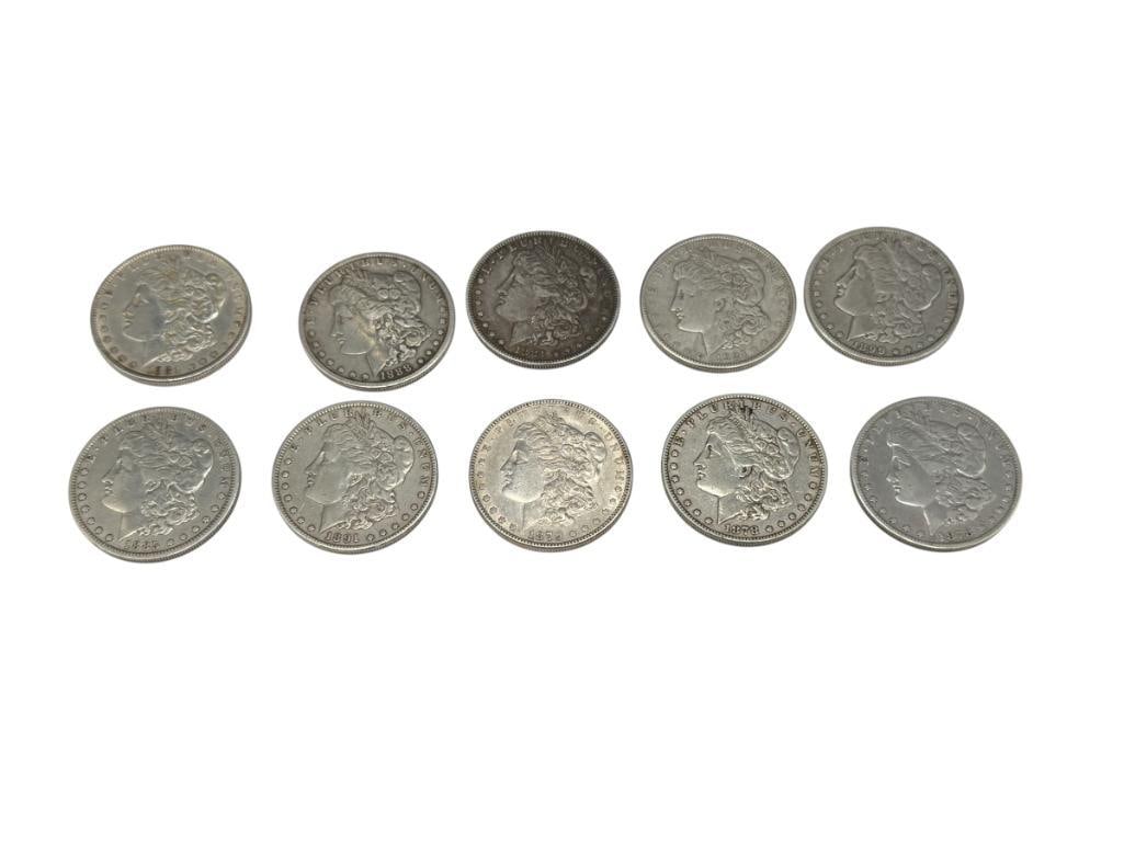 10 U.S. MORGAN SILVER DOLLARS FEATURING VARIOUS DATES AND MINT MARKS (1 of 14)