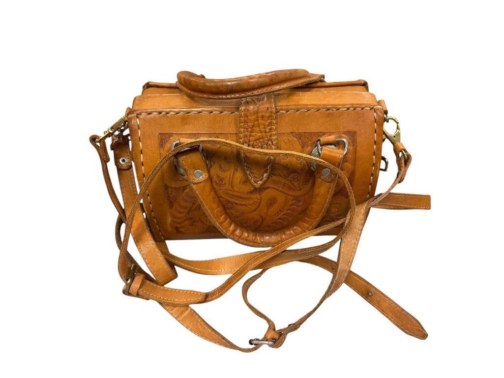 FORCE TEN CLASSIC HAND MADE TOOLED LEATHER WESTERN STYLED PURSE: EMBOSSED LABEL INSIDE 10" X 5" X 6 1/2" 