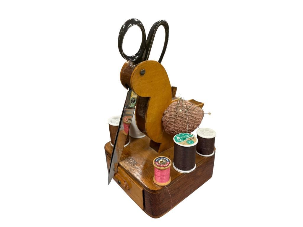 VINTAGE DUCK FIGURAL WOODEN SEWING ACCESORY THREAD HOLDER, SCISSOR RACK, PIN CUSHION, STORAGE DRA... (1 of 9)