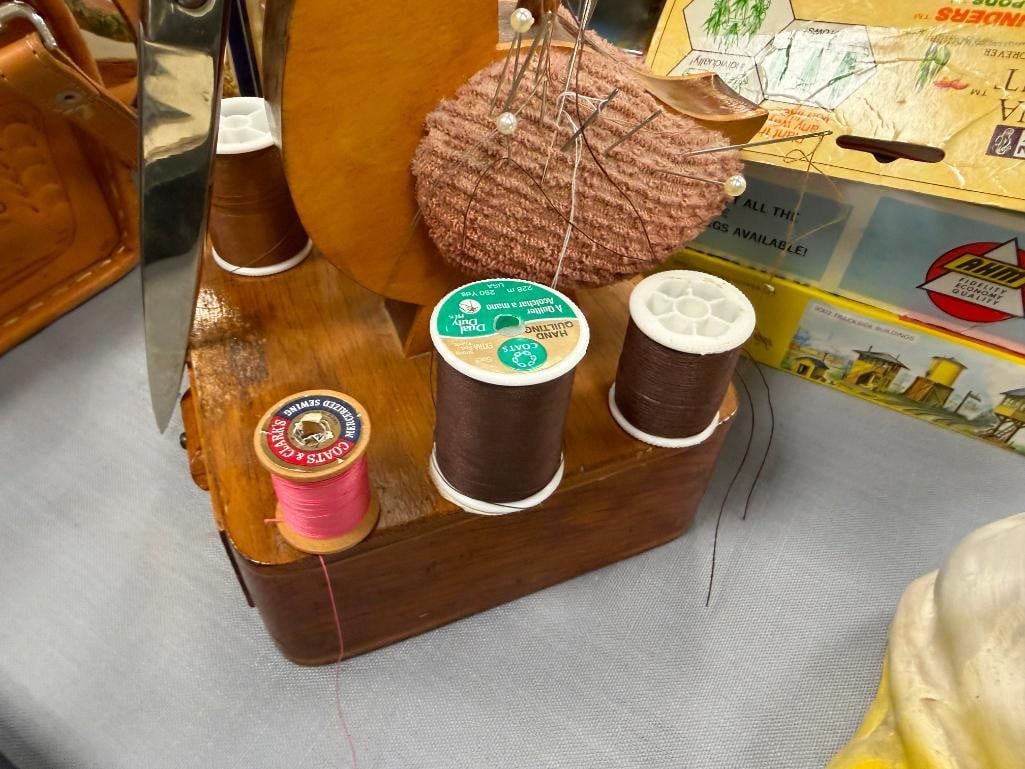 VINTAGE DUCK FIGURAL WOODEN SEWING THREAD HOLDER, SCISSOR RACK, PIN CUSHION, STORAGE DRAWER - 3