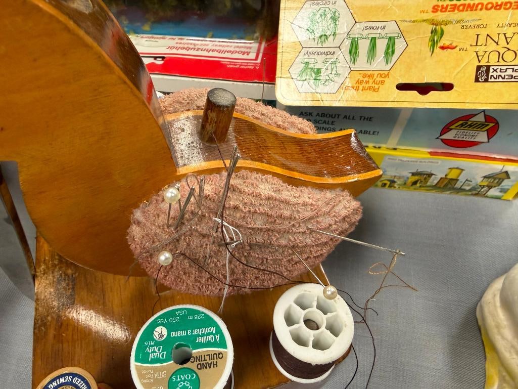 VINTAGE DUCK FIGURAL WOODEN SEWING THREAD HOLDER, SCISSOR RACK, PIN CUSHION, STORAGE DRAWER - 4