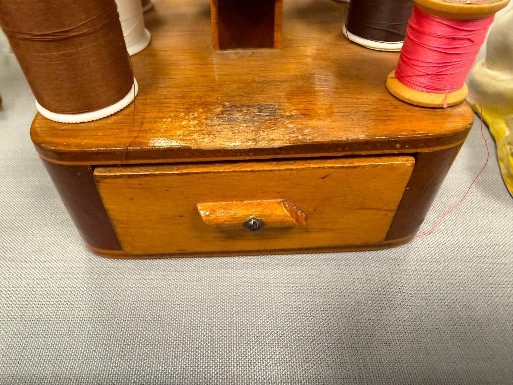 VINTAGE DUCK FIGURAL WOODEN SEWING THREAD HOLDER, SCISSOR RACK, PIN CUSHION, STORAGE DRAWER - 7
