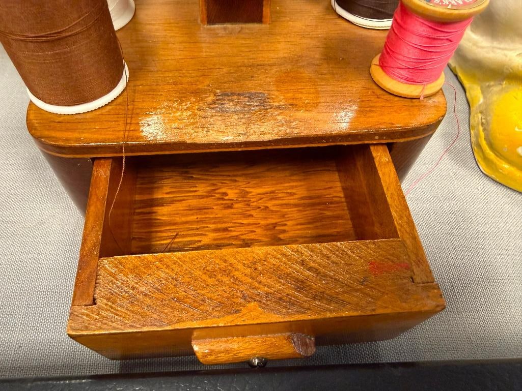 VINTAGE DUCK FIGURAL WOODEN SEWING THREAD HOLDER, SCISSOR RACK, PIN CUSHION, STORAGE DRAWER - 8