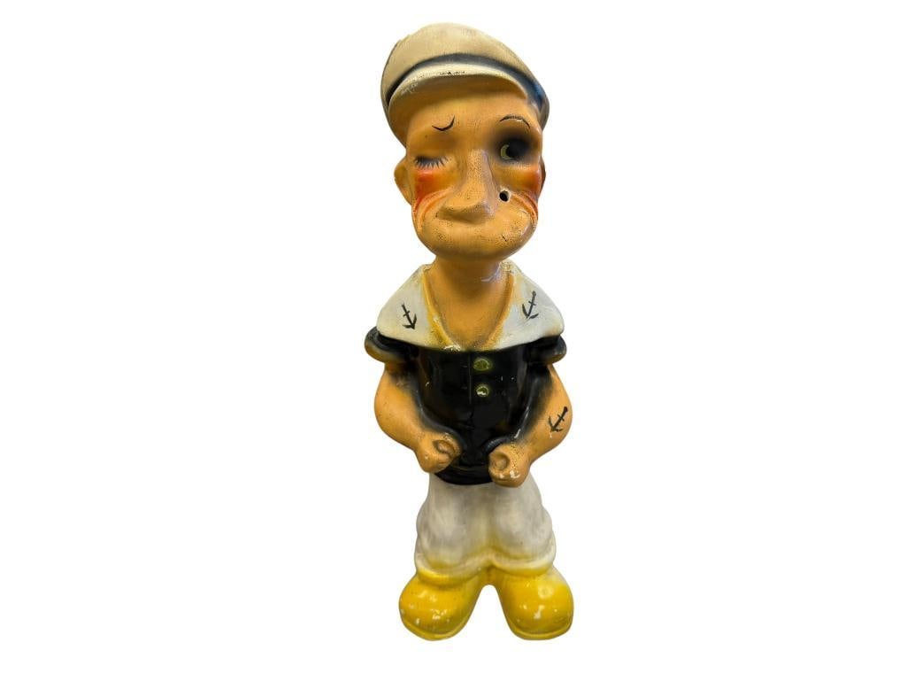 VINTAGE 1940'S POPEYE THE SAILOR CHALKWARE STATUE: LIKELY A CARNIVAL PRIZE, SHOWS SOME PAINT WEAR / CHIPS, MISSING CIGARETTE 19" H
