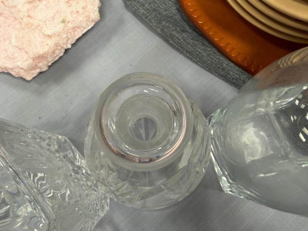 GLASS AND TWO CRYSTAL DECANTERS PLUS TWO EXTRA STOPPERS - 11