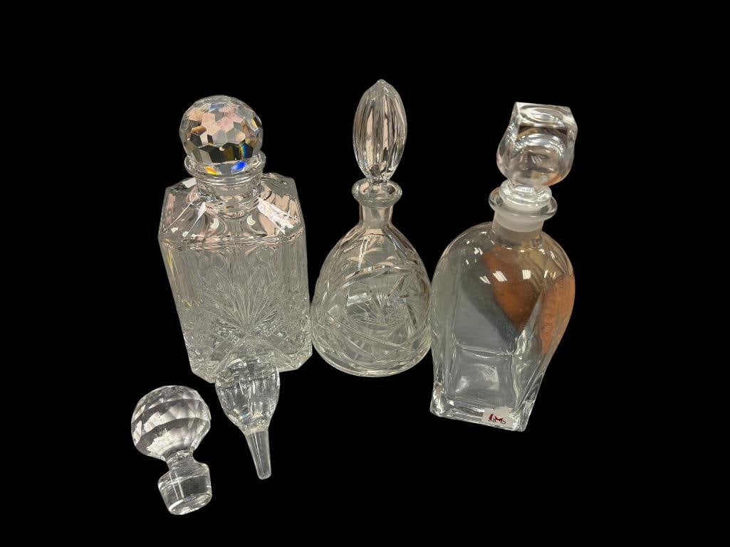 GLASS AND TWO CRYSTAL DECANTERS PLUS TWO EXTRA STOPPERS (1 of 11)