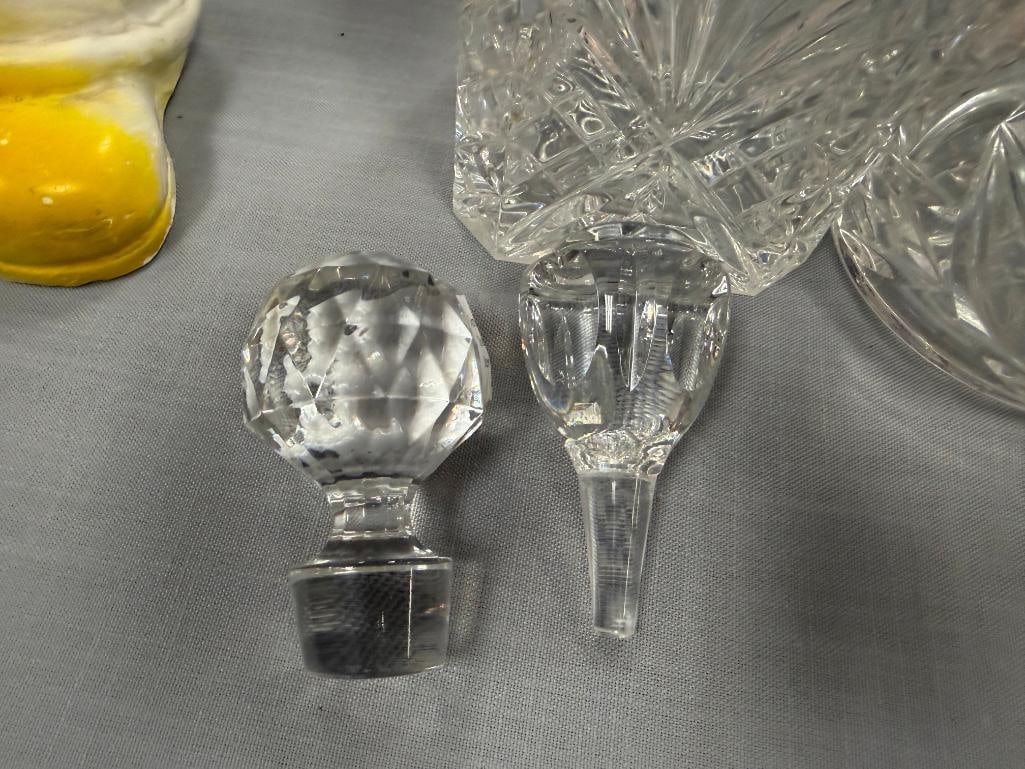 GLASS AND TWO CRYSTAL DECANTERS PLUS TWO EXTRA STOPPERS - 3