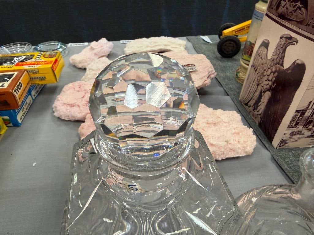 GLASS AND TWO CRYSTAL DECANTERS PLUS TWO EXTRA STOPPERS - 5