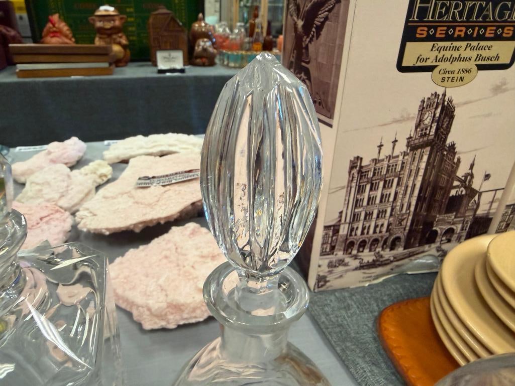 GLASS AND TWO CRYSTAL DECANTERS PLUS TWO EXTRA STOPPERS - 9