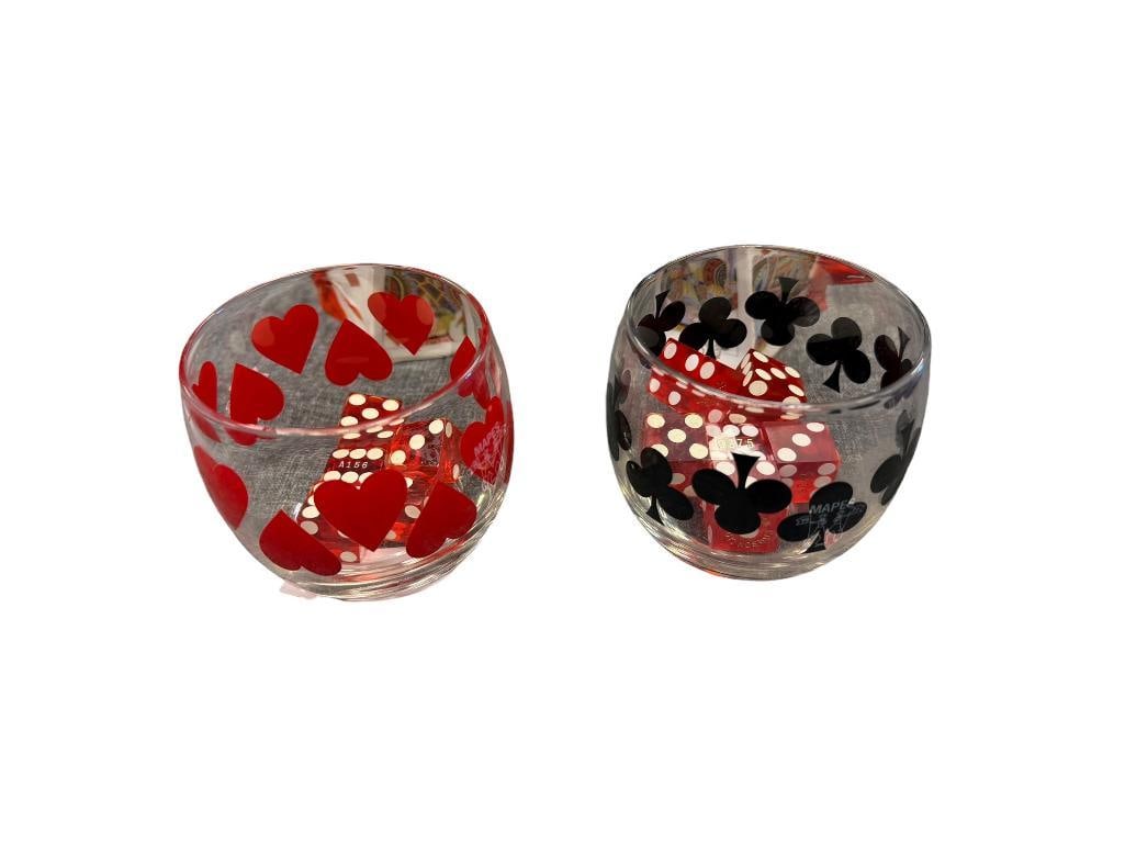 VINTAGE MAPES CASINO POKER HEART AND SPADE DESIGN COCKTAIL GLASSES AND DIES: INCLUDES FIVE SETS OF DIES FROM NUGGET CASINO AND MAPES CASINO 3 1/4" GLASSES