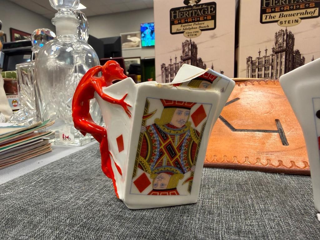 EARLY 20TH CENTURY ROYAL BAYREUTH DEVIL AND CARDS PORCELAIN PITCHERS MADE IN GERMANY - 3