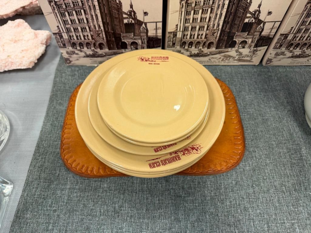 VINTAGE HAROLD'S CLUB HOTEL / CASINO TEPCO CHINA RESTAURANT DISHES AND TOOLED LETHER MATS - 5