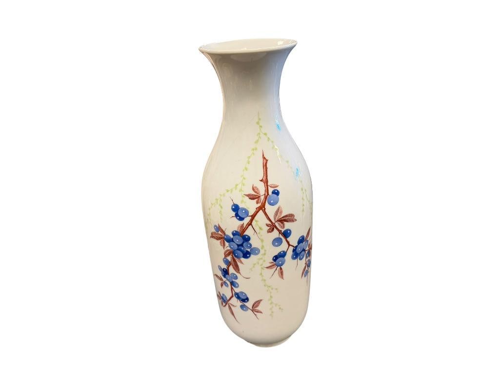 1990'S GEBRUDER HEUBACH HAND PAINTED BLUEBERRY PORCELAIN VASE: MARKED ON THE BOTTOM, CHIP ALONG THE BOTTOM EDGE 16 3/8" H